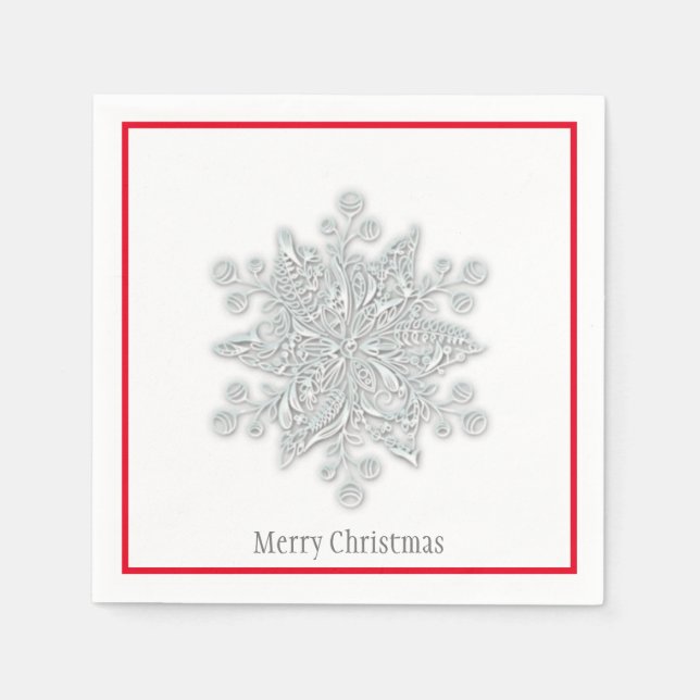 Christmas Paper Napkins Silver Snowflake Red Trim (Front)
