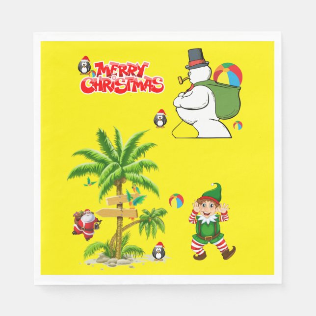 Christmas Paper Napkins, Summer Beach Bum Santa Napkins (Front)