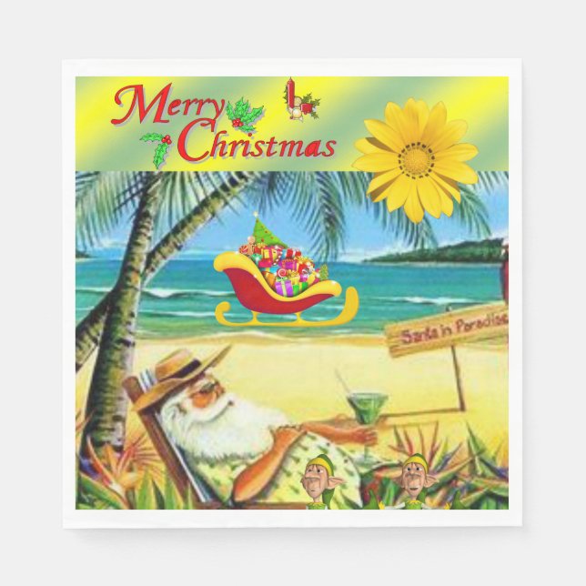 Christmas Paper Napkins, Summer Beach Bum Santa Napkins (Front)