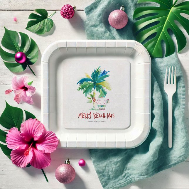 Christmas Paper Plates Cute Tropical Beach (Tropical Christmas paper plates beach-mrs watercolor palm tree and Santa on the beach)