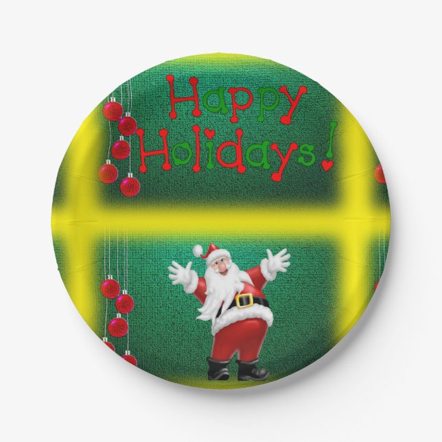 Christmas Paper Plates, Happy Holidays Santa Plates (Front)