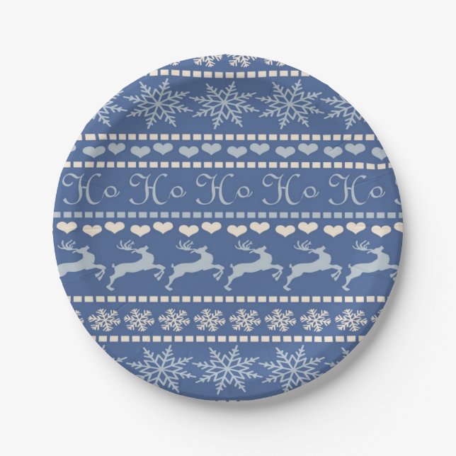 Christmas Paper Plates, Merry Blue Reindeer Paper Plates (Front)
