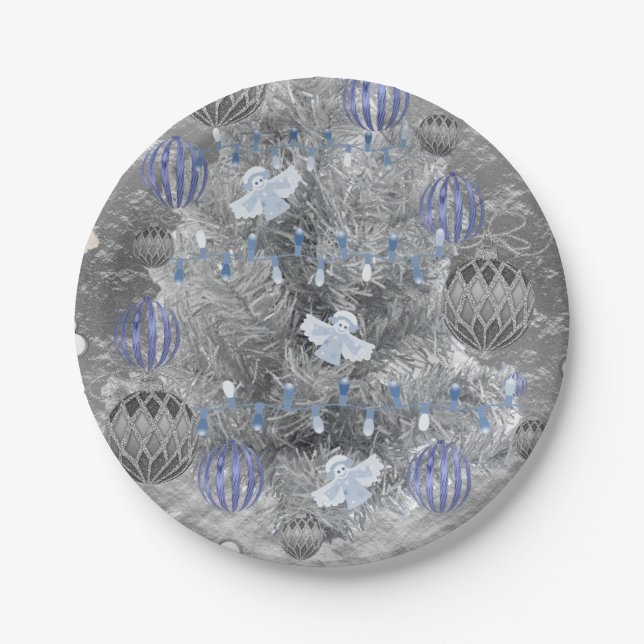 Christmas Paper Plates, Merry Blue Silver Tree Paper Plates (Front)