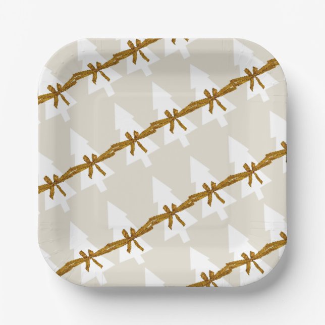 Christmas Paper Plates, Merry Christmas Beige Bows Plates (Front)