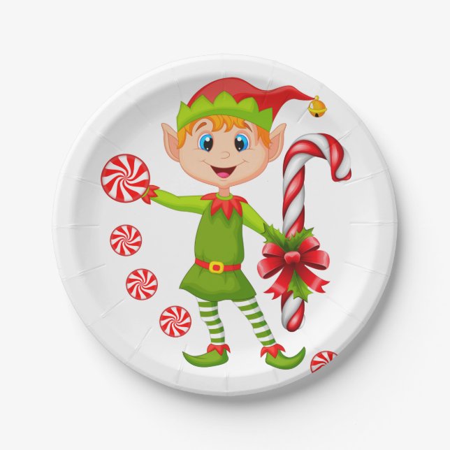 Christmas Paper Plates, Merry Christmas Elf Mint Plates (Front)