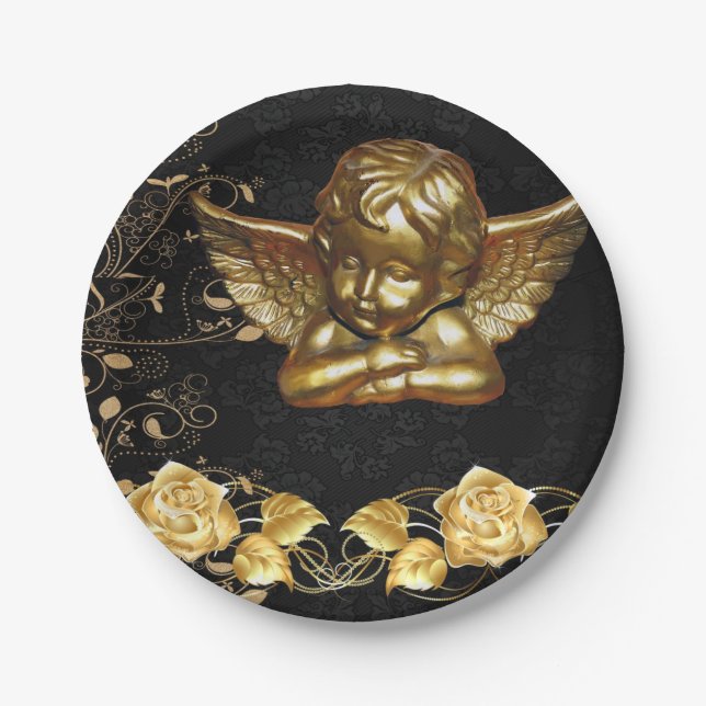 Christmas Paper Plates, Merry Christmas Gold Angel Paper Plates (Front)