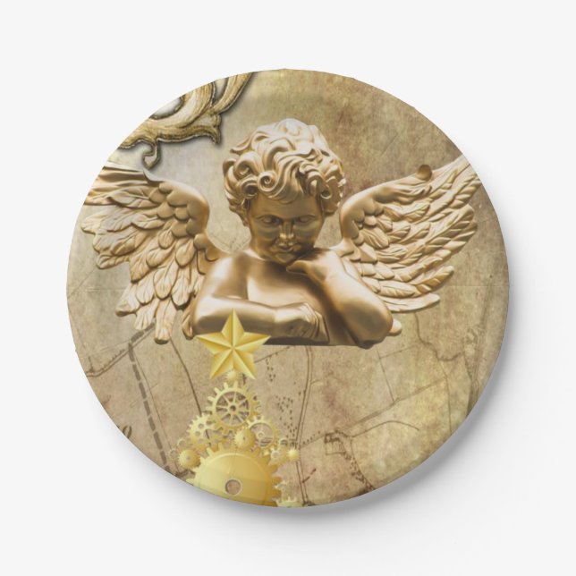 Christmas Paper Plates, Merry Christmas Gold Angel Plates (Front)