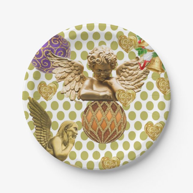 Christmas Paper Plates, Merry Christmas Gold Angel Plates (Front)