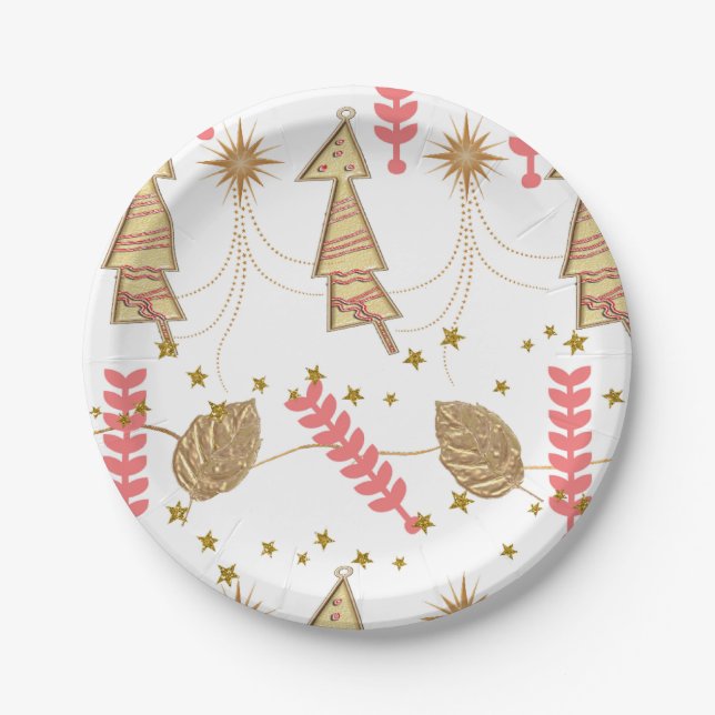 Christmas Paper Plates, Merry Christmas Gold Trees Plates (Front)