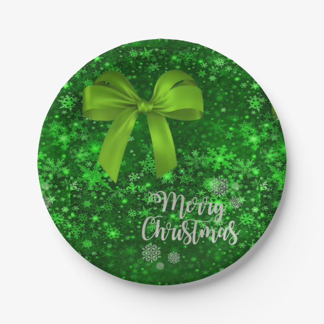 Christmas Paper Plates, Merry Christmas, Green Bow Plates (Front)
