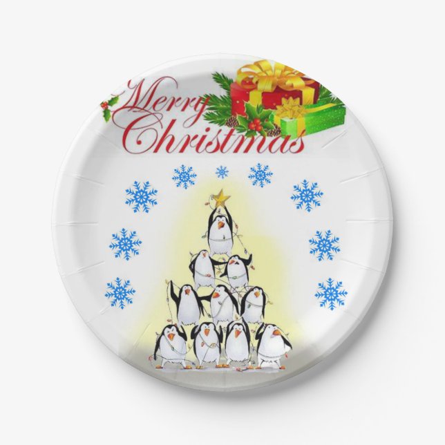 Christmas Paper Plates, Merry Christmas Penguin Plates (Front)