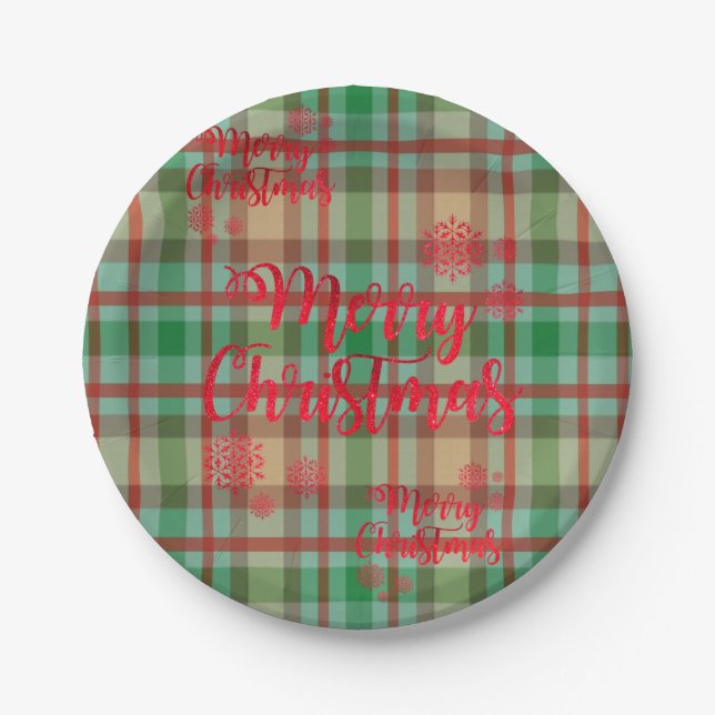 Christmas Paper Plates, Merry Christmas Plaid Plates (Front)