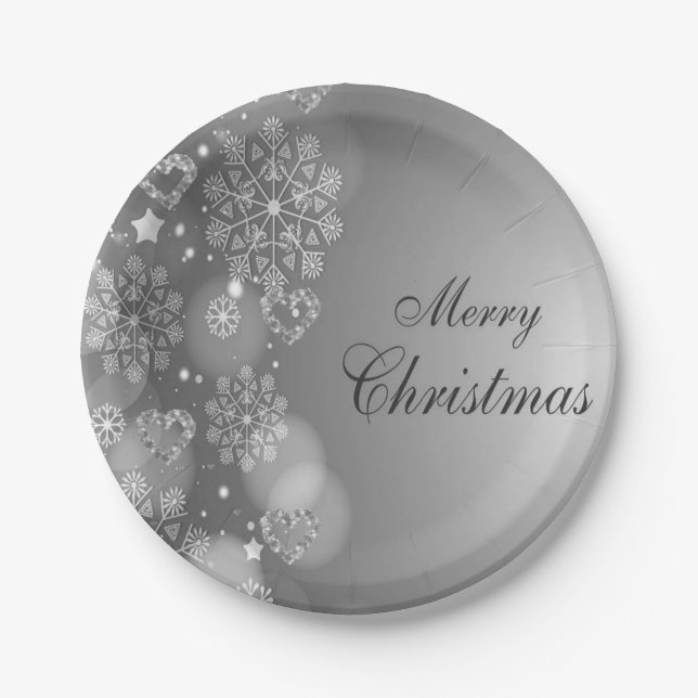 Christmas Paper Plates, Merry Christmas Silver Plates (Front)