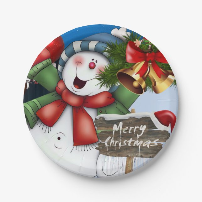 Christmas Paper Plates, Merry Christmas Snowman Plates (Front)