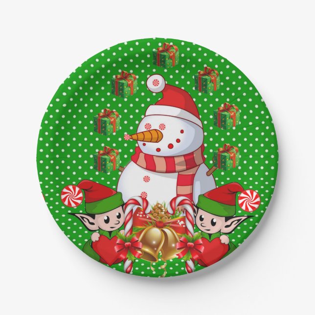 Christmas Paper Plates, Merry Christmas SnowmanElf Plates (Front)