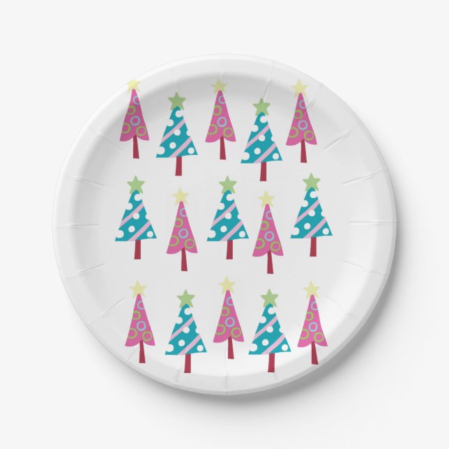 Christmas Paper Plates, Merry Christmas TreesPink  Plates (Front)