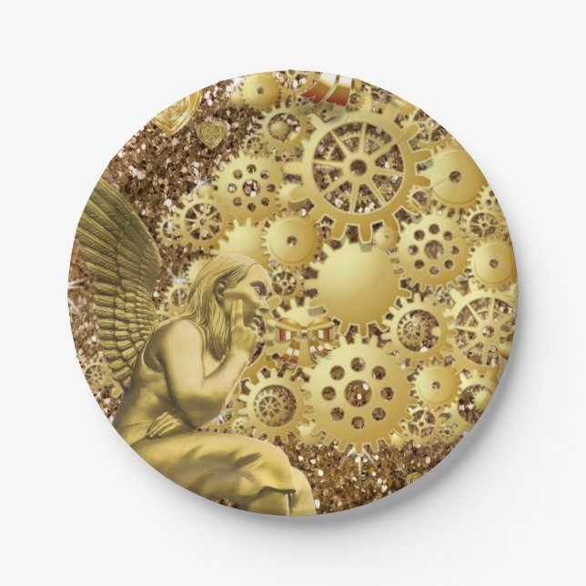 Christmas Paper Plates, Merry Gold Angel Paper Plates (Front)