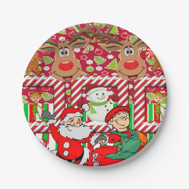 Christmas Paper Plates, Merry Reindeer Santa Elf Paper Plates (Front)