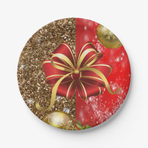 Christmas Paper Plates, Red Gold Bow Plates