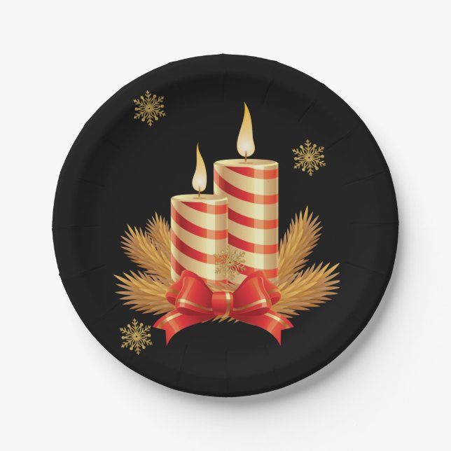 Christmas Paper Plates, Red Gold Christmas Candle Plates (Front)