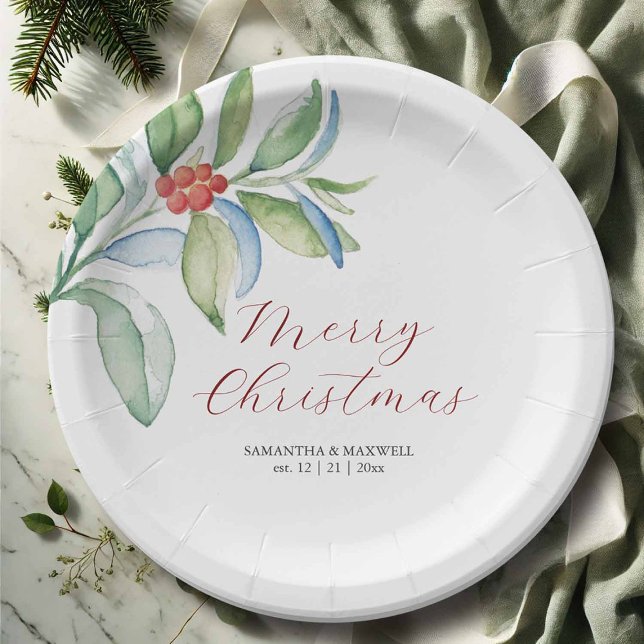 Christmas Paper Plates Simple Festive Greenery (Paper plates for Christmas feature watercolor botanicals and Merry Christmas with you custom text)