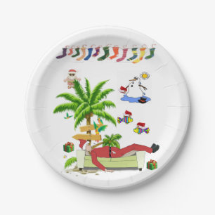 Christmas Paper Plates, Summer Beach Bum Santa Paper Plates