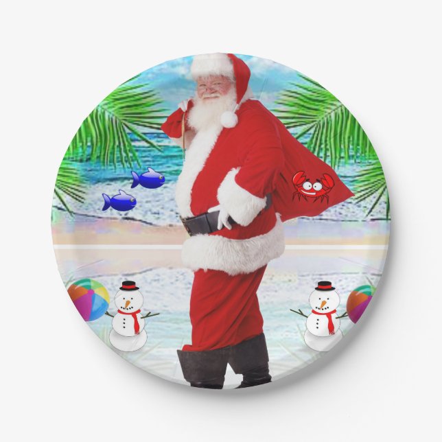 Christmas Paper Plates, Summer Beach Bum Santa Paper Plates (Front)