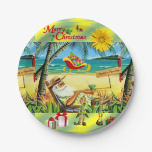 Christmas Paper Plates, Summer Beach Bum Santa Paper Plates