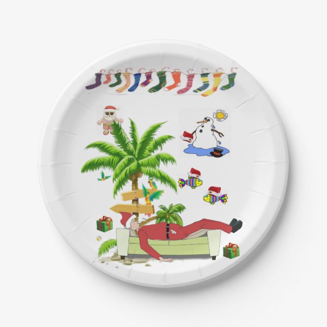 Christmas Paper Plates, Summer Beach Bum Santa Plates (Front)