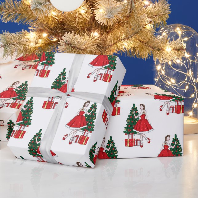 Christmas paper with girl and tree pattern (Holidays)