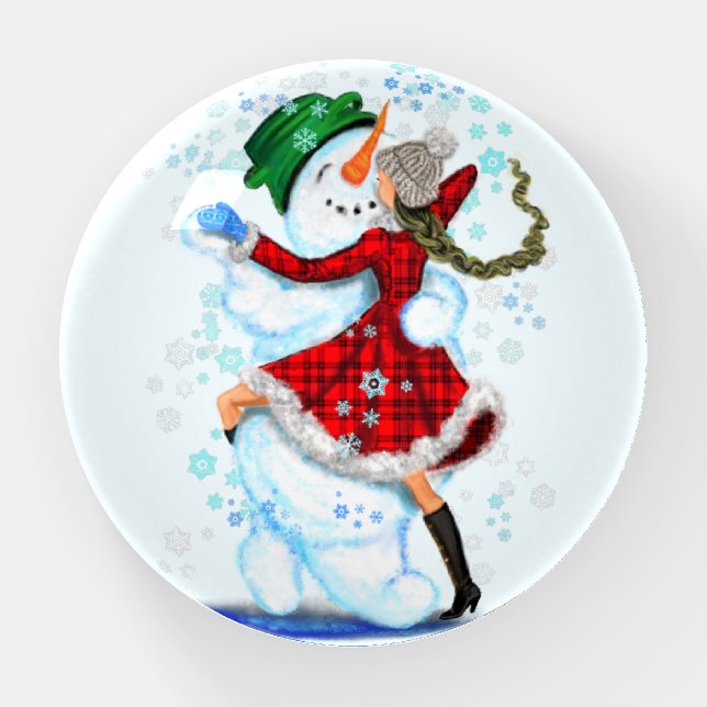 Christmas Paperweight Snowman and Girl Dance (Front)