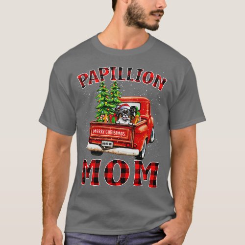 Christmas Papillion Mom Santa Hat Truck Tree Plaid T_Shirt