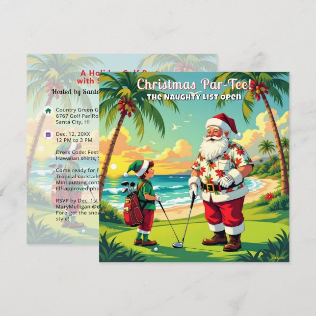 Christmas Par-Tee Fun Tropical Golf Santa Party SQ Invitation (Front/Back)