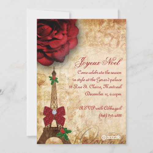 Christmas Paris Card Eiffel Tower Vintage Rose