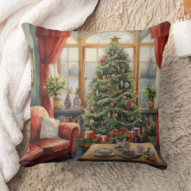 Christmas Parlor Window Tree Red Throw Pillow (Blanket)