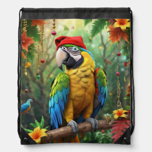 Christmas Parrot As Santa Claus-76349 Drawstring Bag