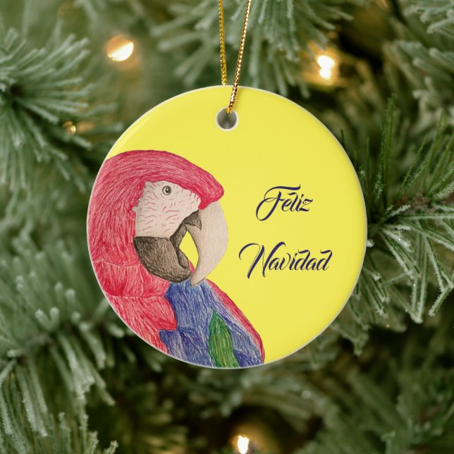 Christmas Parrot Feliz Navidad Macaw Reversible Ceramic Ornament (Tree)