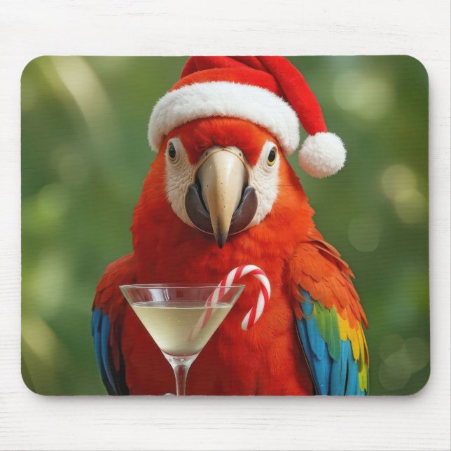 Christmas Parrot Holding a Cocktail Mouse Pad (Front)