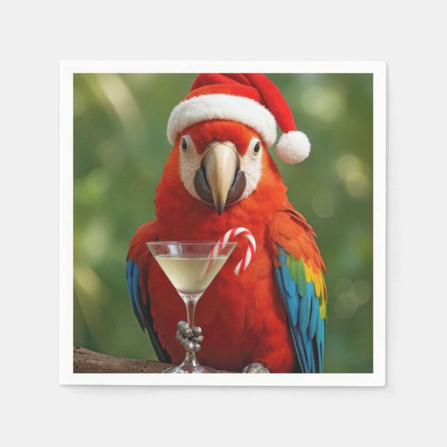 Christmas Parrot Holding a Cocktail Napkins (Front)