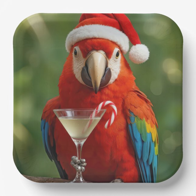 Christmas Parrot Holding a Cocktail Paper Plates (Front)