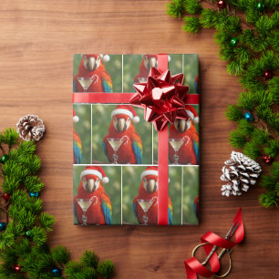 Christmas Parrot Holding a Cocktail Wrapping Paper