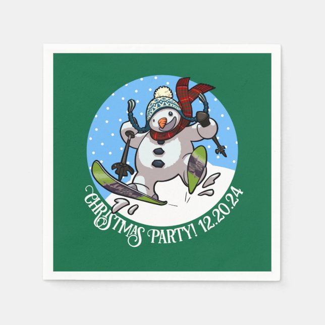 Christmas Party Add The Date Skiing Snowman Napkins (Front)