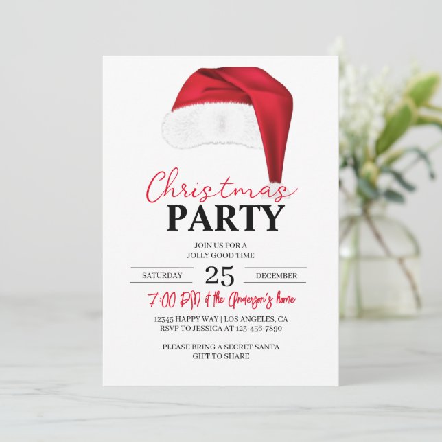 Christmas Party Birthday Xmas Dinner Santa Hat Invitation (Standing Front)