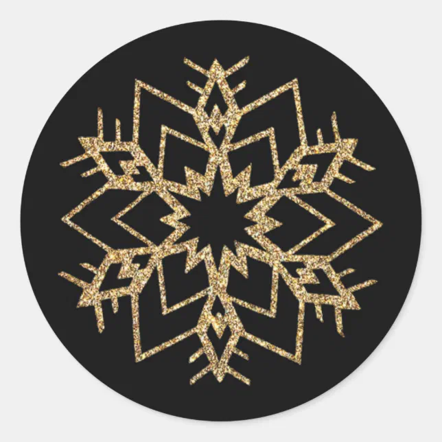 Christmas Party | Black and Gold Snowflakes Classic Round Sticker | Zazzle