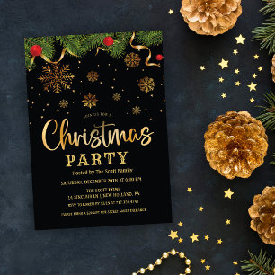 Christmas Party Black and Gold Snowflakes Invitation