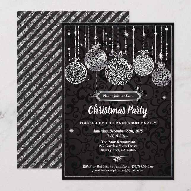 Christmas party black and silver ornaments invitation (Front/Back)