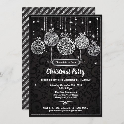 Christmas party black and silver ornaments invitation