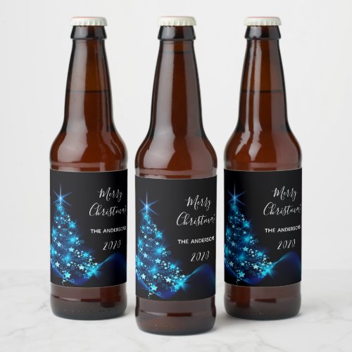 Christmas party black blue modern shining tree beer bottle label