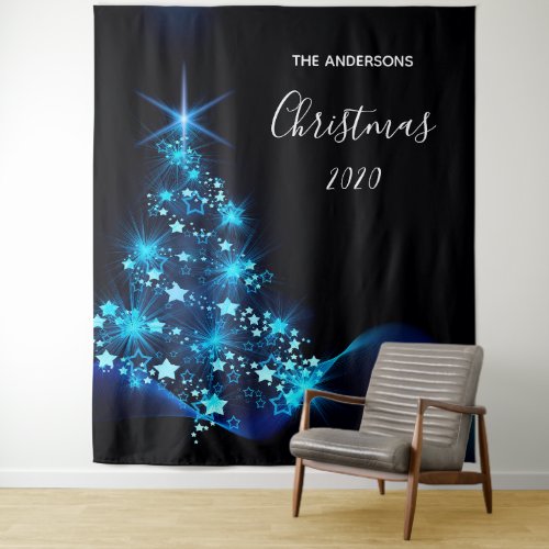 Christmas party black blue modern shining tree tapestry