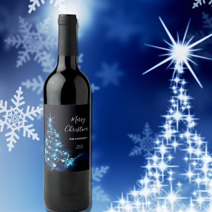Christmas party black blue modern shining tree wine label